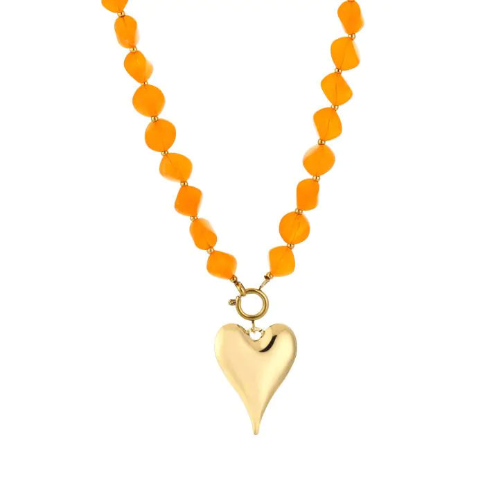 Natuurstenen ketting met hart - oranje