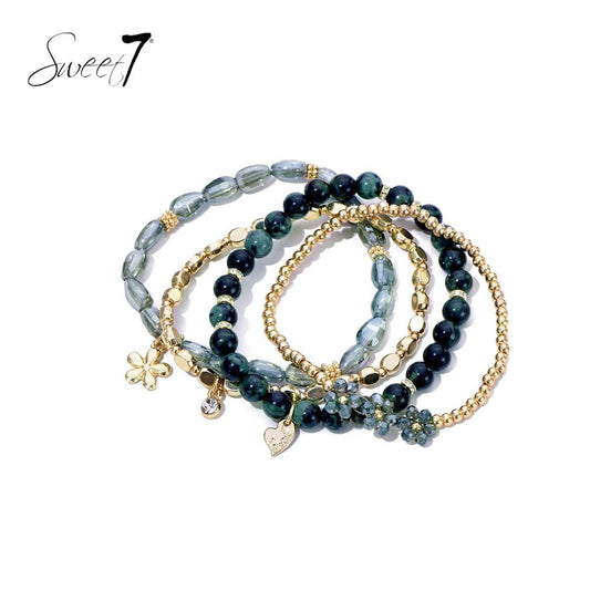 Sweet7 armbanden set bloem petrol/goud